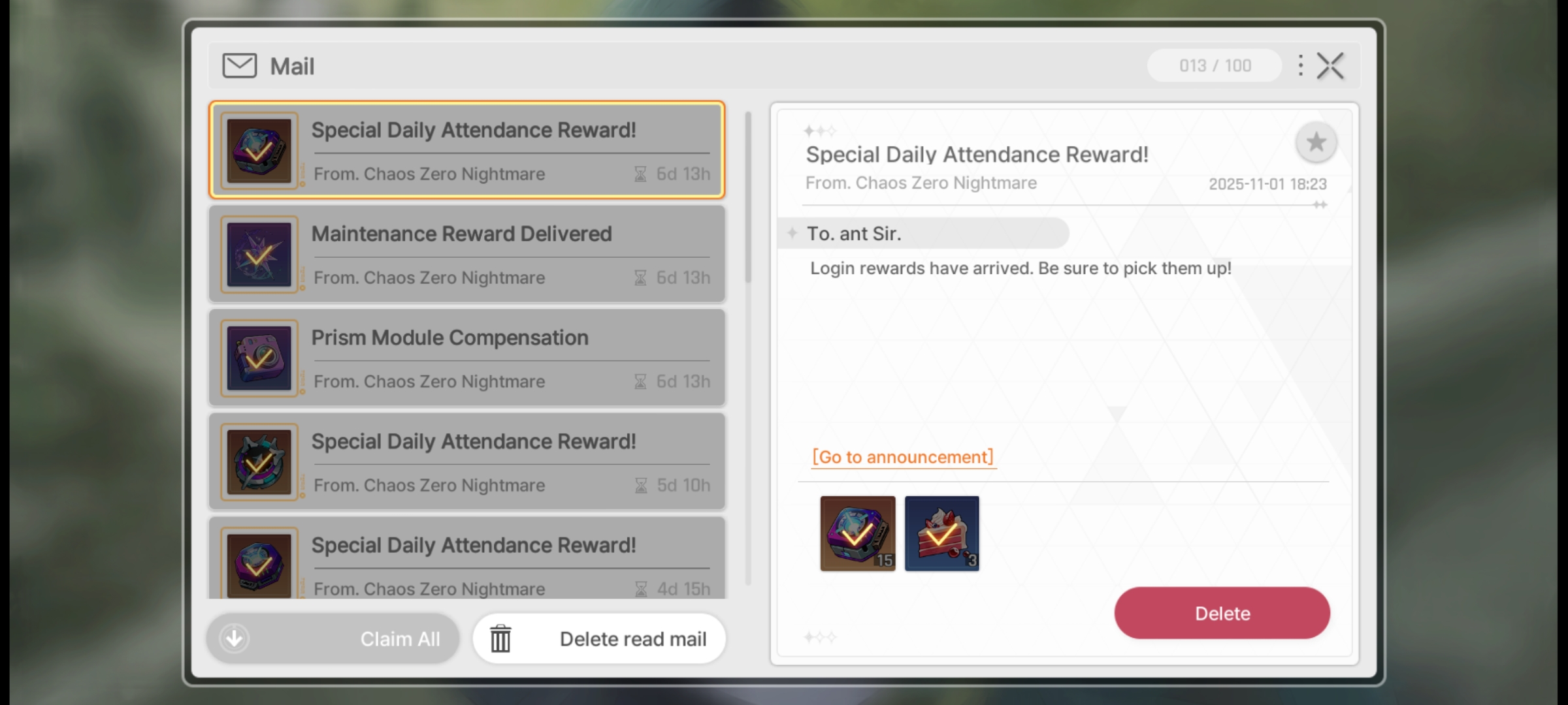 Mail Achievement Router Mail Rewards not received.