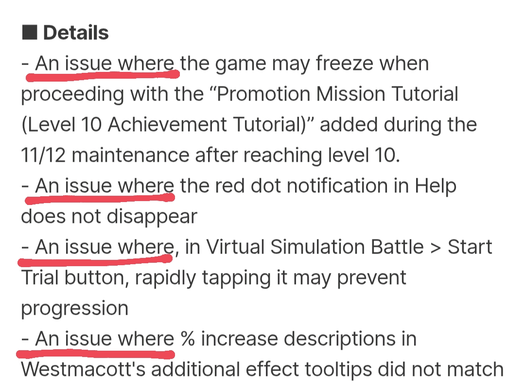 "An Issue where" -- Please Simplify Bug Fixes Announcements Repetitive ...